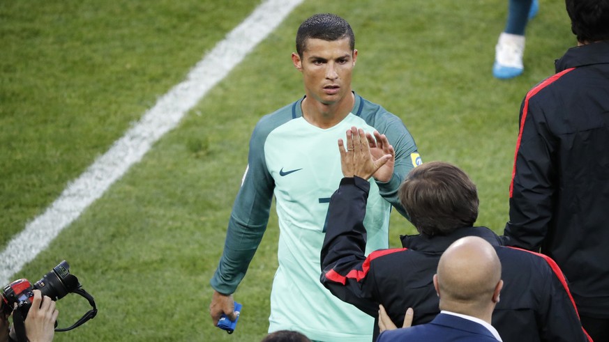 Portugal&#039;s Cristiano Ronaldo leaves the field at the end of the Confederations Cup, Group A soccer match between Russia and Portugal, at the Spartak Stadium in Moscow, Wednesday, June 21, 2017. ( ...
