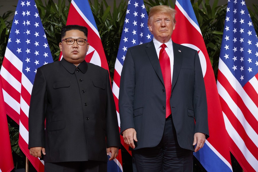 FILE - In this June. 12, 2018, file photo, U.S. President Donald Trump meets with North Korean leader Kim Jong Un on Sentosa Island, in Singapore. The White House says President Donald Trump received  ...