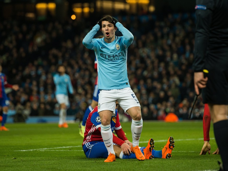 epa06587806 Brahim Diaz of Manchester City (L) reacts during the UEFA Champions League round of 16 second leg soccer match between Manchester City and Basel FC in Manchester, Britain, 07 March 2018. E ...