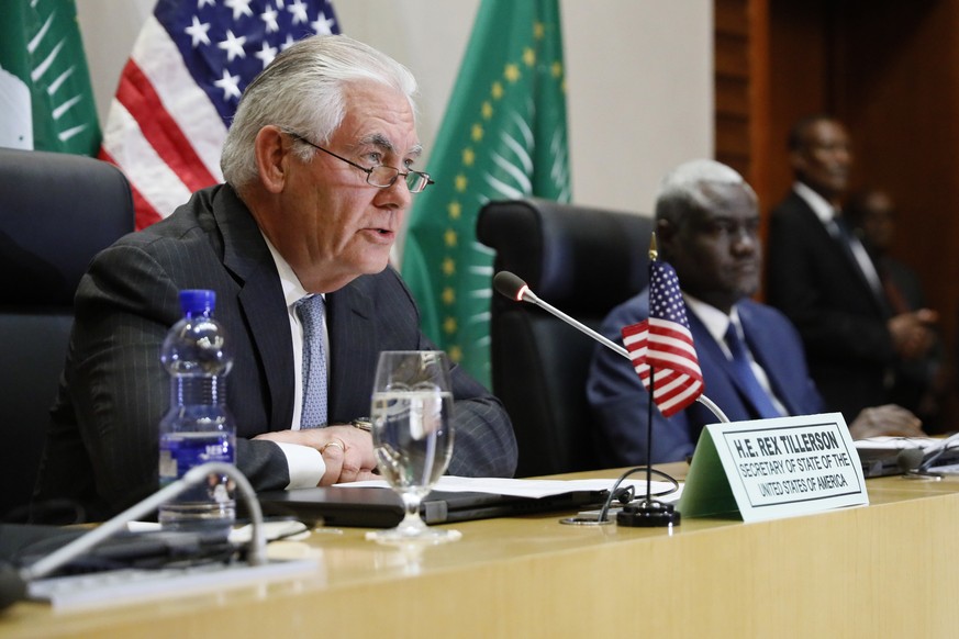 U.S. Secretary of State Rex Tillerson holds a news conference with African Union (AU) Commission Chairman Moussa Faki, of Chad, after their meeting at African Union headquarters, Thursday, March 8, 20 ...