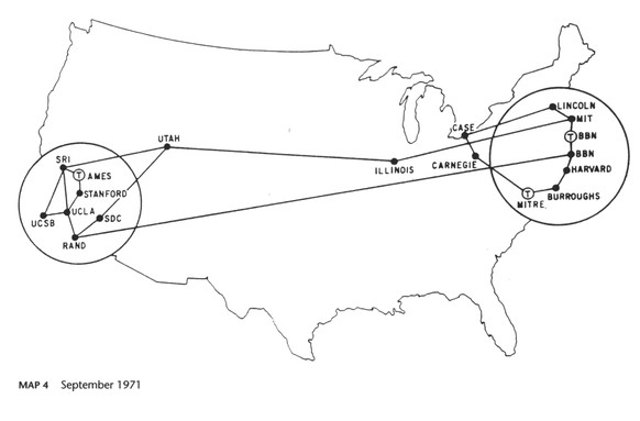 Das ARPAnet verband als Vorläufer des Internets bereits 1971 die wichtigsten US-Universitäten an der West- und Ostküste.