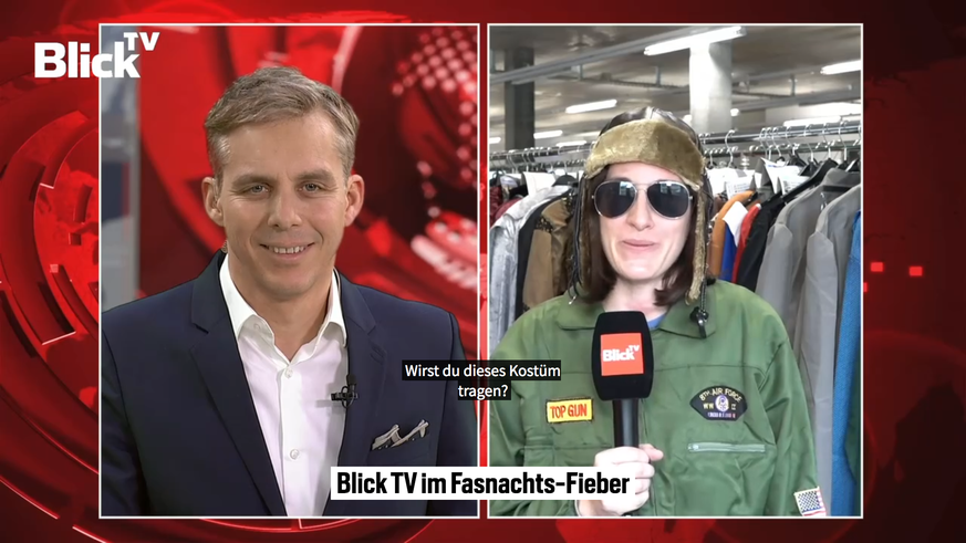Reto Scherrer und Reporterin Anja Müggler, die sich schon mega auf ihren Einsatz an der Luzerner Fasnacht freut. Das Kostüm soll eine Fliegerausrüstung aus «Top Gun» darstellen. Für seinen TV-Einsatz  ...