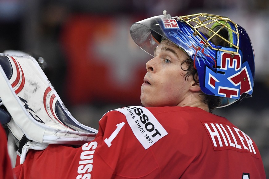 Switzerland’s goaltender Jonas Hiller reacts after the Ice Hockey World Championship group B preliminary round match between Switzerland and Slovenia in Paris, France on Saturday, May 6, 2017. (KEYSTO ...