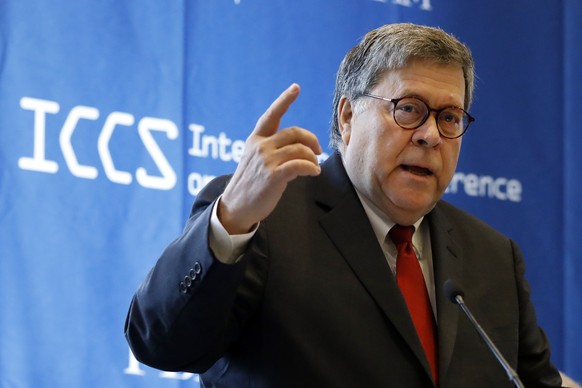 U.S. Attorney General William Barr addresses the International Conference on Cyber Security, hosted by the FBI and Fordham University, at Fordham University in New York, Tuesday, July 23, 2019. (AP Ph ...