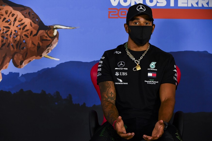 Mercedes driver Lewis Hamilton of Britain speaks during drivers news conference the at the Red Bull Ring racetrack in Spielberg in Spielberg, Austria, Thursday, July 2, 2020. Austrian Formula One Gran ...