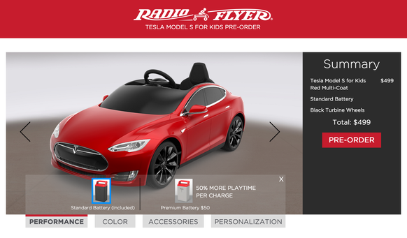 Auf der Website des Herstellers kann man den Kinder-Tesla nach eigenen Wünschen konfigurieren.