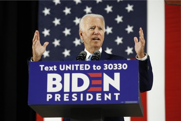 Democratic presidential candidate former Vice President Joe Biden speaks at Alexis Dupont High School in Wilmington, Del., on June 30, 2020. As his bid for a second term faces growing obstacles, Presi ...