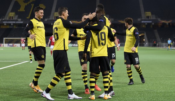 YB’s players celebrates the goal (1-0) of YB&#039;s Felix Mambimbi, during the Europa League, Group A, soccer match between BSC Young Boys and PFC CSKA-Sofia, on Thursday, November 5, 2020, at the Wan ...