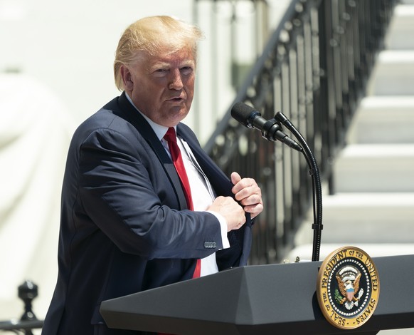 epa07719205 US President Donald J. Trump speaks during the third annual &#039;Made in America&#039; product showcase, on the South Lawn of the White House in Washington, DC, USA, 15 July 2019. Preside ...