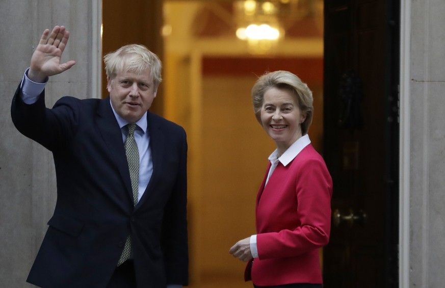 Britain&#039;s Prime Minister Boris Johnson greets European Commission President Ursula von der Leyen outside 10 Downing Street in London, Wednesday, Jan. 8, 2020. (AP Photo/Kirsty Wigglesworth)
Boris ...