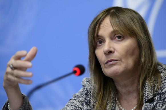 Dr. Marie Paule Kieny in einer Pressekonferenz zur Ebola-Problematik im UNO-Komplex in Genf.&nbsp;