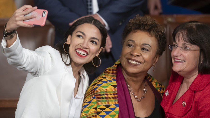 Rep.-elect Alexandria Ocasio-Cortez, a freshman Democrat representing New York&#039;s 14th Congressional District, takes a selfie with Rep. Ann McLane Kuster, D-NH, and Rep. Barbara Lee, D-Calif., on  ...