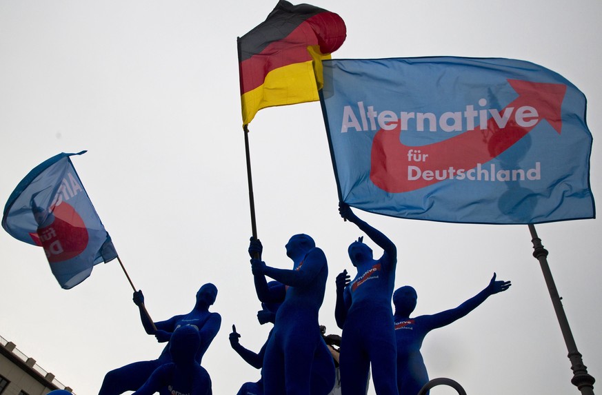 Supporters of the Eurosceptic Alternative for Germany (AfD) party wear morph suits and wave flags during an event to rally support for Sunday&#039;s European Parliament elections at the Brandenburg Ga ...