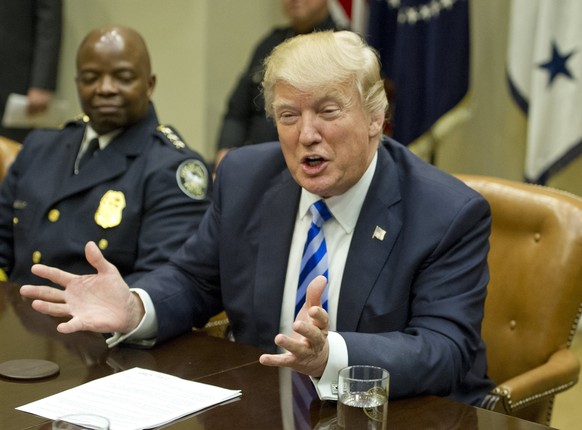 epa05906693 US President Donald J. Trump makes remarks in the Roosevelt Room of the White House in Washington, DC USA, 13 April 2017. US President Donald J. Trump met with the first responders who dea ...