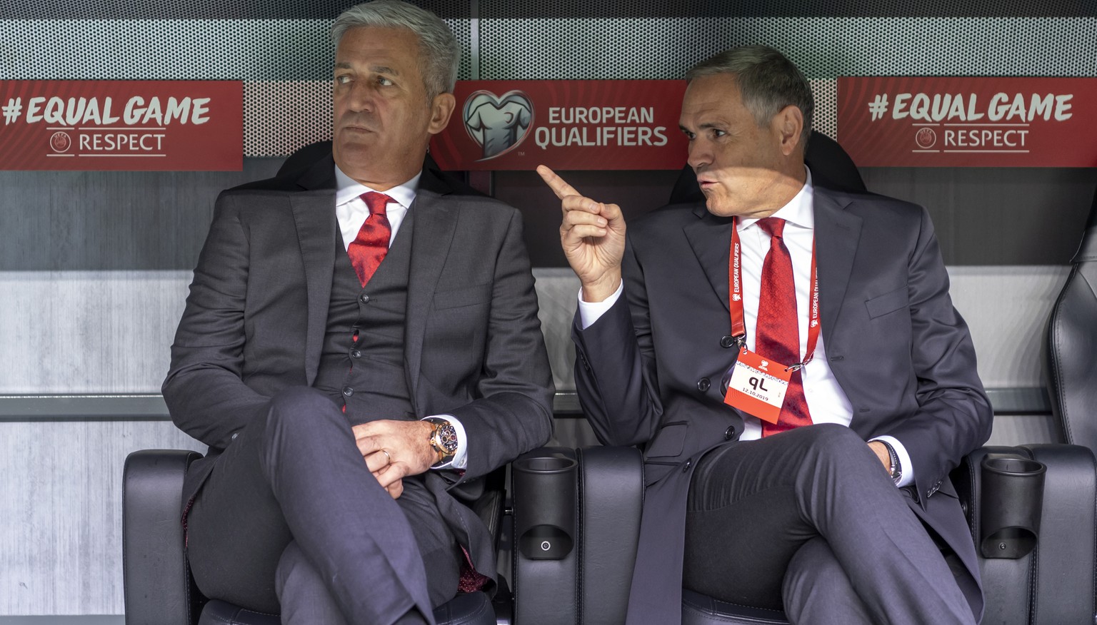 Switzerland&#039;s head coach Vladimir Petkovic, left, and Pierluigi Tami, director of the national team, right, prior to the UEFA Euro 2020 qualifying Group D soccer match between Denmark and Switzer ...