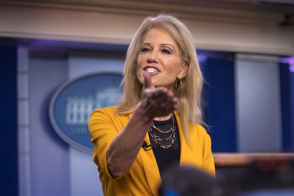epa08195101 Kellyanne Conway, Counselor to the US President, speaks to media inside the James S. Brady Press Briefing Room at the White House in Washington, DC, USA, 05 February 2020. Conway commented ...