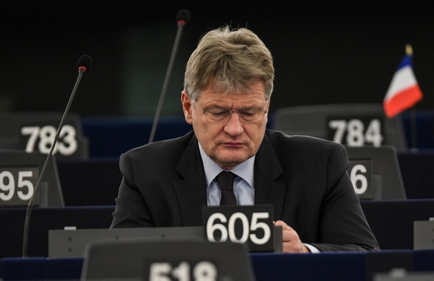 epa07285834 Alternative for Germany (AfD) party co-leader Joerg Meuthen and Member of the European Parliament listens to a speech at the European Parliament in Strasbourg, France, 15 January 2019, at  ...