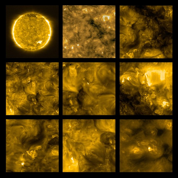 epa08549526 A handout composite picture of several images made 30 May 2020 and made available 16 July 2020 by the European Space Agency, ESA, showing Solar Orbiter&#039;s first view of the Sun. The So ...