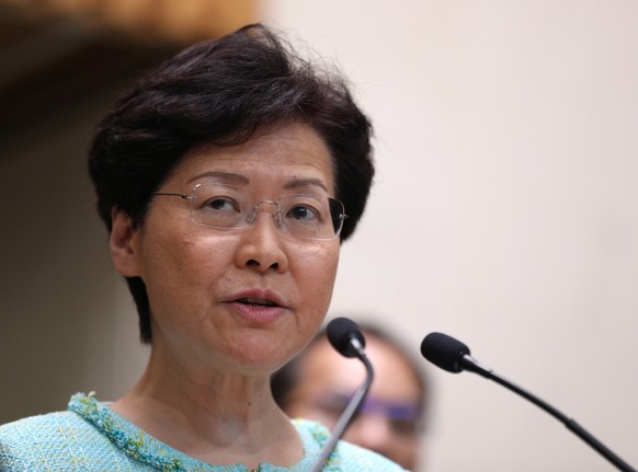 epa07763638 Hong Kong Chief Executive Carrie Lam speaks during a press conference in Hong Kong, China, 09 August 2019. Lam addressed the press on the economy as the city has been gripped by over two m ...