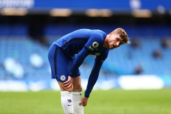 epa09113334 Timo Werner of Chelsea reacts during the English Premier League soccer match between Chelsea FC and West Bromwich Albion in London, Britain, 03 April 2021. EPA/Clive Rose / POOL EDITORIAL  ...