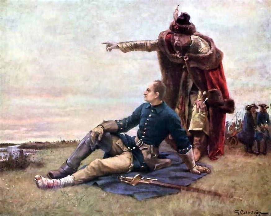 Der schwedische König Karl XII. und Iwan Masepa, Hetman der ukrainischen Saporoger Kosaken, am Dnjepr nach der Schlacht von Poltawa, 1709.