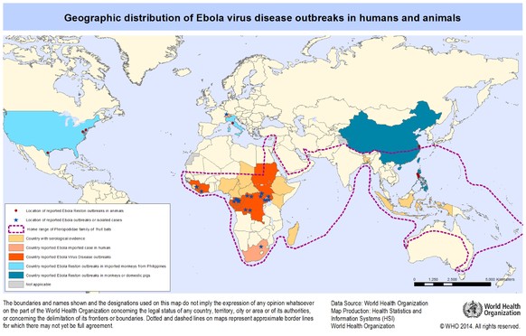 Globale Verbreitung des Ebola-Virus.