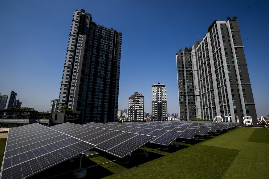epa08067184 Solar panels on the roof of Habito Mall, in the Town Sukhumvit 77 (T77) community in Bangkok, Thailand, 06 December 2019 (issued 13 December 2019). Although blockchain technology is widely ...