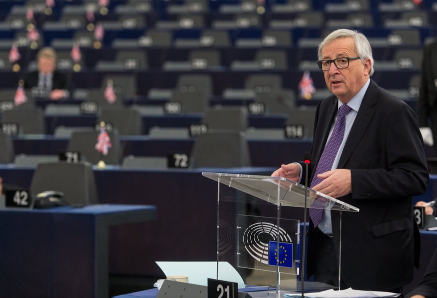 epa06442682 Jean-Claude Juncker, the President of the European Commission, delivers his speech at the European Parliament in Strasbourg, France, 16 January 2018, during the debate about the EU summit  ...