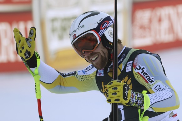 Norway&#039;s Aleksander Aamodt Kilde reacts after winning an alpine ski men&#039;s World Cup downhill in Val Gardena, Italy, Saturday, Dec. 19, 2020. (AP Photo/Alessandro Trovati)