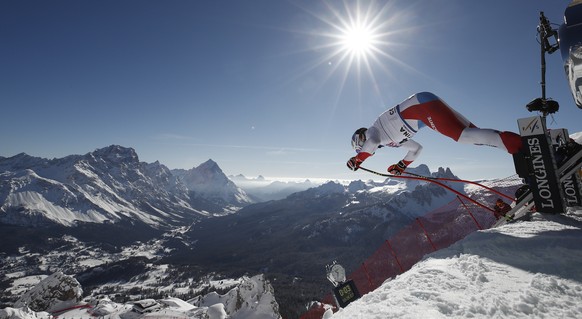 Switzerland&#039;s Marco Odermatt starts a men&#039;s downhill training, at the alpine ski World Championships, in Cortina d&#039;Ampezzo, Italy, Friday, Feb. 12, 2021. (AP Photo/Gabriele Facciotti)