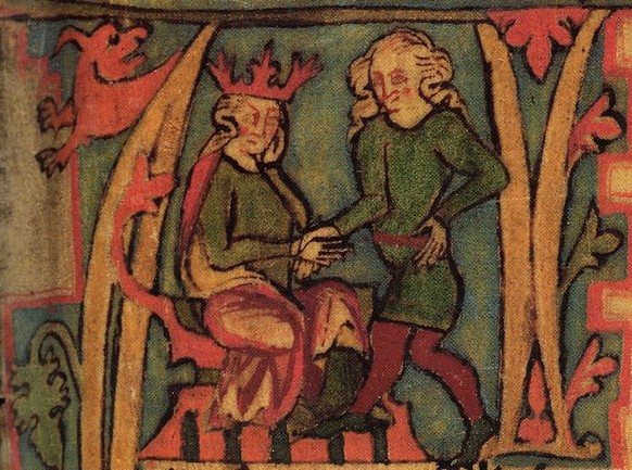 Harald Schönhaar erhält das Königreich aus seines Vaters Händen; Darstellung aus dem isländischen Flateyjarbók, 14. Jh. Frisurentechnisch war es damals wichtig, dass das Haar oben glatt war und dann i ...