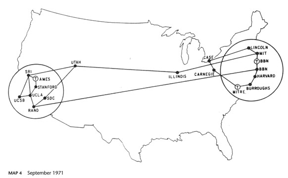 Das ARPAnet verband als Vorläufer des Internets 1971 die wichtigsten US-Universitäten an der West- und Ostküste (siehe Slideshow am Ende des Artikels).