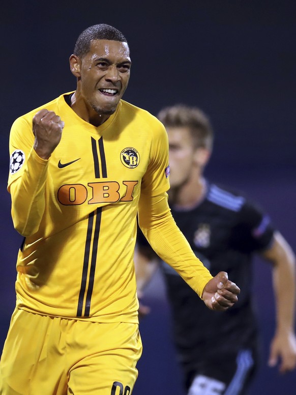 Young Boys&#039; Guillaume Hoarau celebrates after scoring his side&#039;s opening goal during the Champions League qualifying play-off second leg soccer match between Dinamo Zagreb and Young Boys in  ...