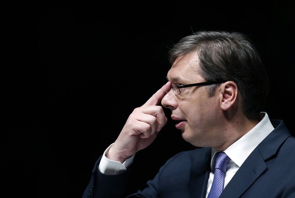 In this Thursday, April 21, 2016, file photo, Serbia&#039;s President Aleksandar Vucic gestures during a pre-election rally in Novi Sad, Serbia. Serbia&#039;s president says the Balkan country must re ...