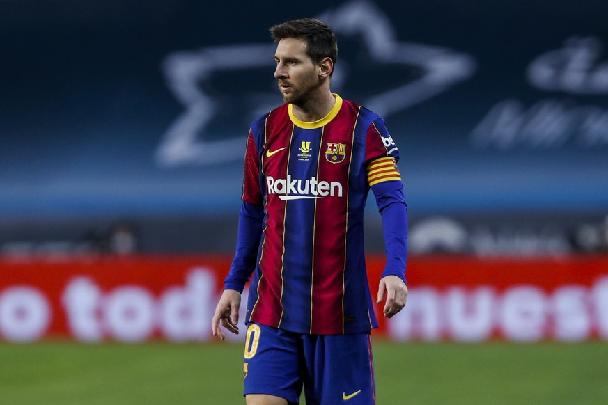 Barcelona&#039;s Lionel Messi during the Spanish Supercopa final soccer match between FC Barcelona and Athletic Bilbao at La Cartuja stadium in Seville, Spain, Sunday, Jan. 17, 2021. (AP Photo/Miguel  ...