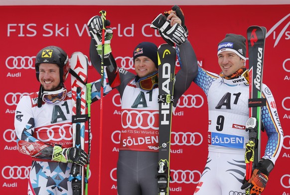 From left, Austria&#039;s Marcel Hirscher, second placed, France&#039;s Alexis Pinturault, the winner, and Germany&#039;s Felix Neureuther, third, celebrate on podium after an alpine ski, men&#039;s W ...