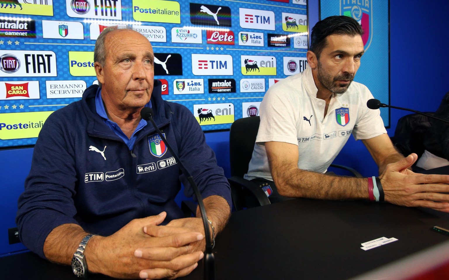 epa06324513 Italy&#039;s coach Gian Piero Ventura (L) and team captain Gianluigi Buffon attend a press conference in Appiano Gentile, Italy, 12 November 2017. Italy faces Sweden on 13 November 2017 in ...