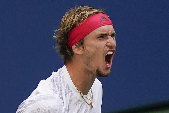 Alexander Zverev, of Germany, reacts during a match against Borna Coric, of Croatia, 147during the quarterfinals of the US Open tennis championships, Tuesday, Sept. 8, 2020, in New York. (AP Photo/Set ...