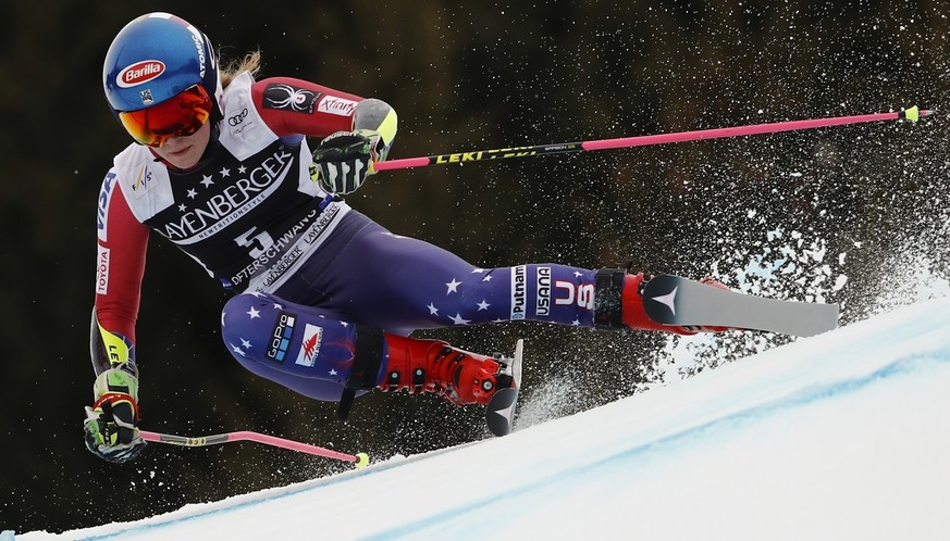 United States&#039; Mikaela Shiffrin speeds down the course during an alpine ski, women&#039;s World Cup giant slalom, in Ofterschwang, Germany, on March 9, 2018. (AP Photo/Gabriele Facciotti)