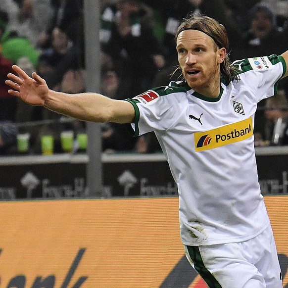 Moenchengladbach&#039;s Michael Lang celebrates after scoring his side&#039;s second goal during the German Bundesliga soccer match between Borussia Moenchengladbach and Hannover 96 at the Borussia Pa ...