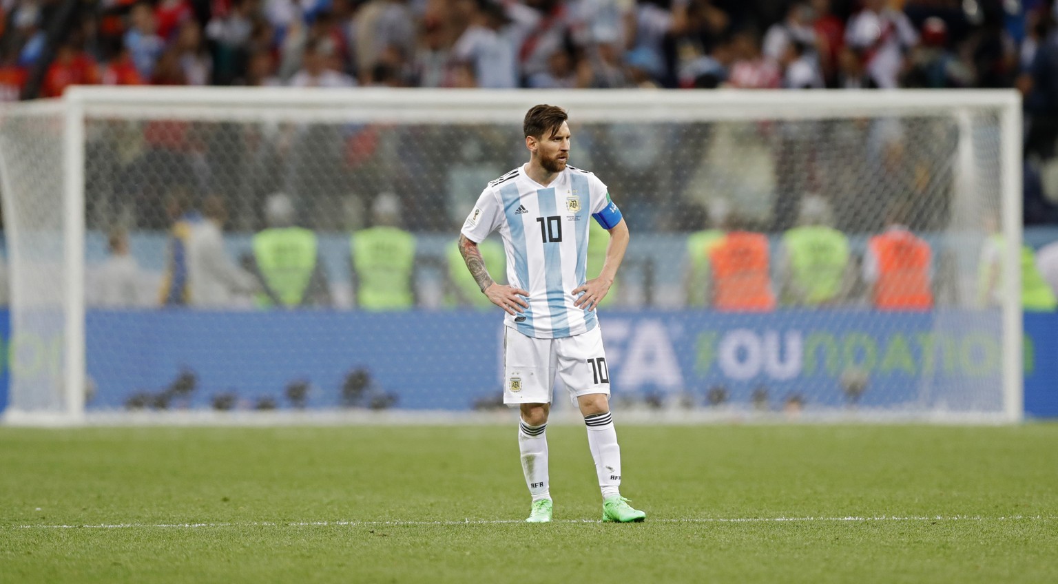 Argentina&#039;s Lionel Messi stands on the pitch at the end of the group D match between Argentina and Croatia at the 2018 soccer World Cup in Nizhny Novgorod Stadium in Nizhny Novgorod, Russia, Thur ...