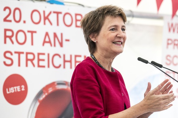 Bundesraetin Simonetta Sommaruga spricht am Wahlfest der SP Aargau am Samstag, 7. September 2019, in Aarau. (KEYSTONE/Alexandra Wey)
