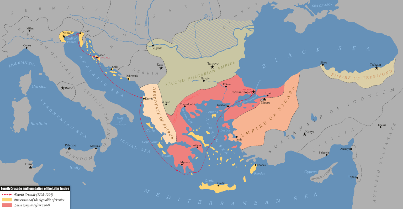 Karte mit der Route, die der IV. Kreuzzug nahm, und den Reichen, die aus der Zerschlagung des Byzantinischen Reiches hervorgingen; das Lateinische Kaiserreich (rot), das Kaiserreich Nikaia, das Kaiser ...