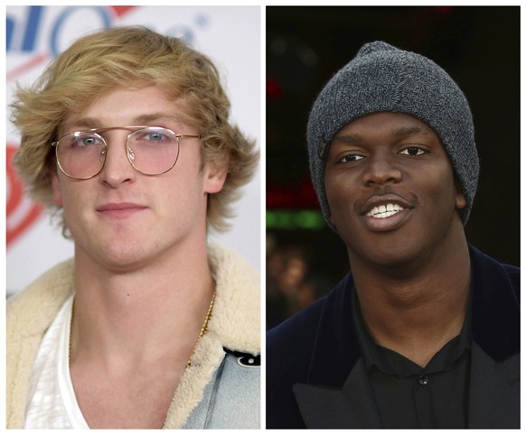 This combination of photos shows YouTube personality Logan Paul, left, in Inglewood, Calif., Dec. 1, 2017 and KSI in London, Monday, Sept. 26, 2016. YouTube stars KSI and Paul are taking their acts in ...