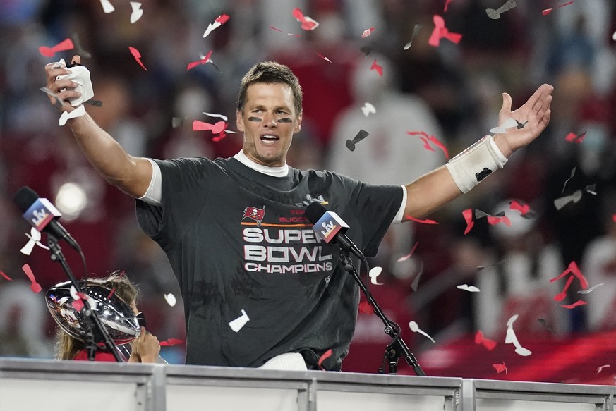 Tampa Bay Buccaneers quarterback Tom Brady celebrates after defeating the Kansas City Chiefs in the NFL Super Bowl 55 football game Sunday, Feb. 7, 2021, in Tampa, Fla. The Buccaneers defeated the Chi ...