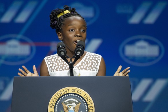 Mikaila Ulmer, 11, of Austin, Texas, founder and CEO, Me and the Bees Lemonade, addresses the White House Summit on the United State of Women in Washington, Tuesday, June 14, 2016. (AP Photo/Cliff Owe ...