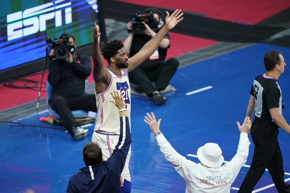 Philadelphia 76ers&#039; Joel Embiid celebrates after an NBA basketball game against the Los Angeles Clippers, Friday, April 16, 2021, in Philadelphia. (AP Photo/Matt Slocum)