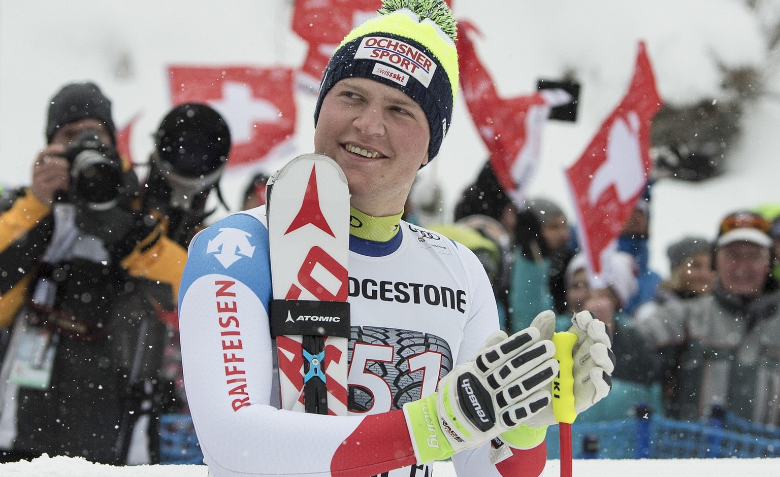 Niels Hintermann of Switzerland, winner, reacts in the finish area during the men&#039;s Super Combined, SC, race of the FIS Alpine Ski World Cup at the Lauberhorn, in Wengen, Switzerland, Friday, Jan ...