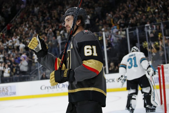 Vegas Golden Knights right wing Mark Stone (61) celebrates after scoring against the San Jose Sharks during the second period of an NHL preseason hockey game Sunday, Sept. 29, 2019, in Las Vegas. (AP  ...