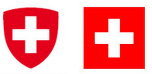 Das Schweizerwappen (l.) – ein Schweizerkreuz in einem Dreieckschild – ist Ausdruck der staatlichen Macht und Würde und daher dem Gemeinwesen vorbehalten. Das Schweizerkreuz (r.) kann hingegen auch vo ...